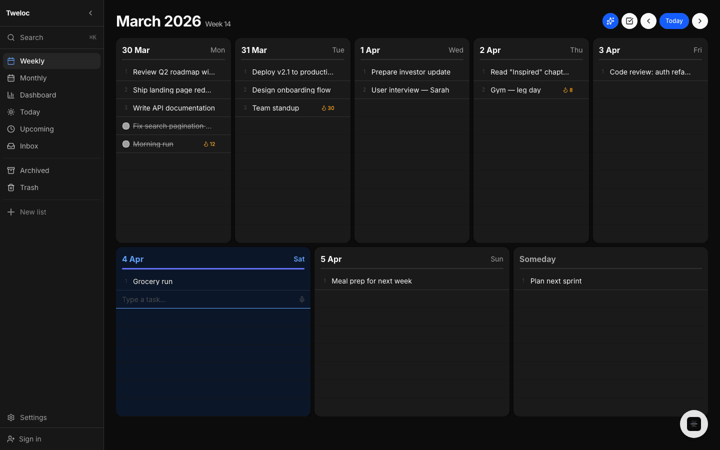 Weekly planner in dark mode
